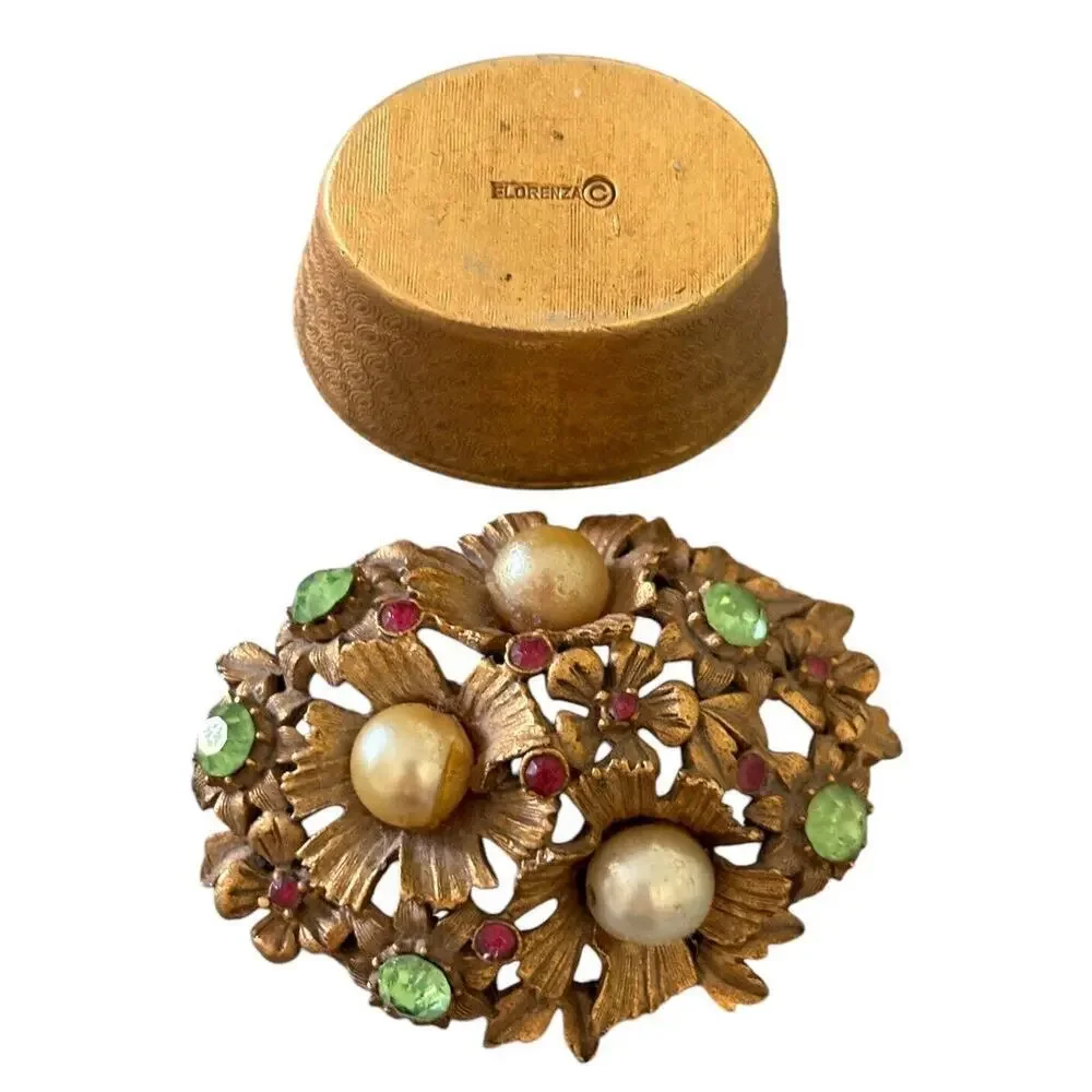 Vintage FLORENZA Trinket Jewelry Box Pink Green Rhinestone Gold Tone